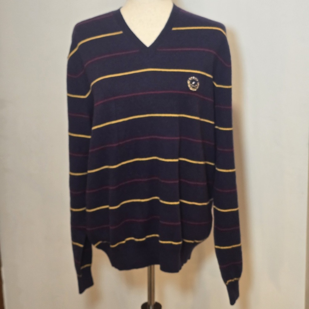 Polo Golf Ralph Lauren Sweater Mens Large Navy Stripe Merino Wool V Neck *Flaws*
